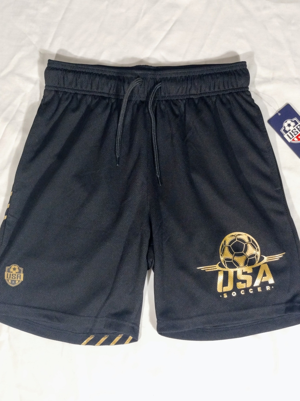 USA Soccer Athletic Gym Shorts Men Small Black Gold Drawstring NWT